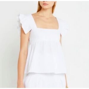 KOURT Babydoll Cropped Cotton Gauze Flutter Sleeve Top, White, Sz. M